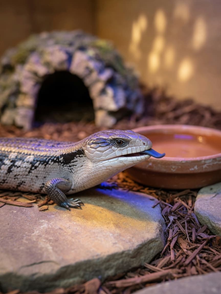 A blue-tongued skink basking under UV lighting in an enclosure, with its blue tongue visible and grey-tan scaled body in sharp focus