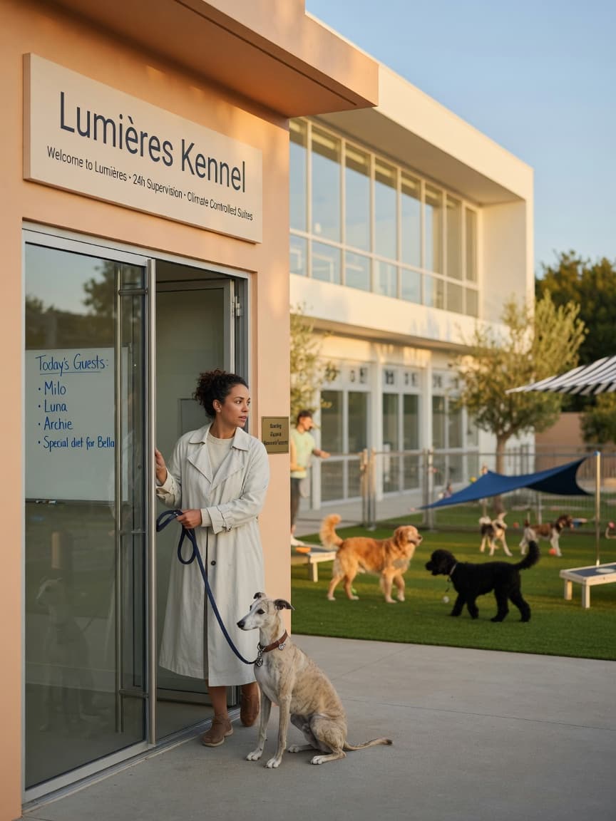 Dog owner and their dog standing thoughtfully at the entrance of a modern boarding kennel facility during golden hour