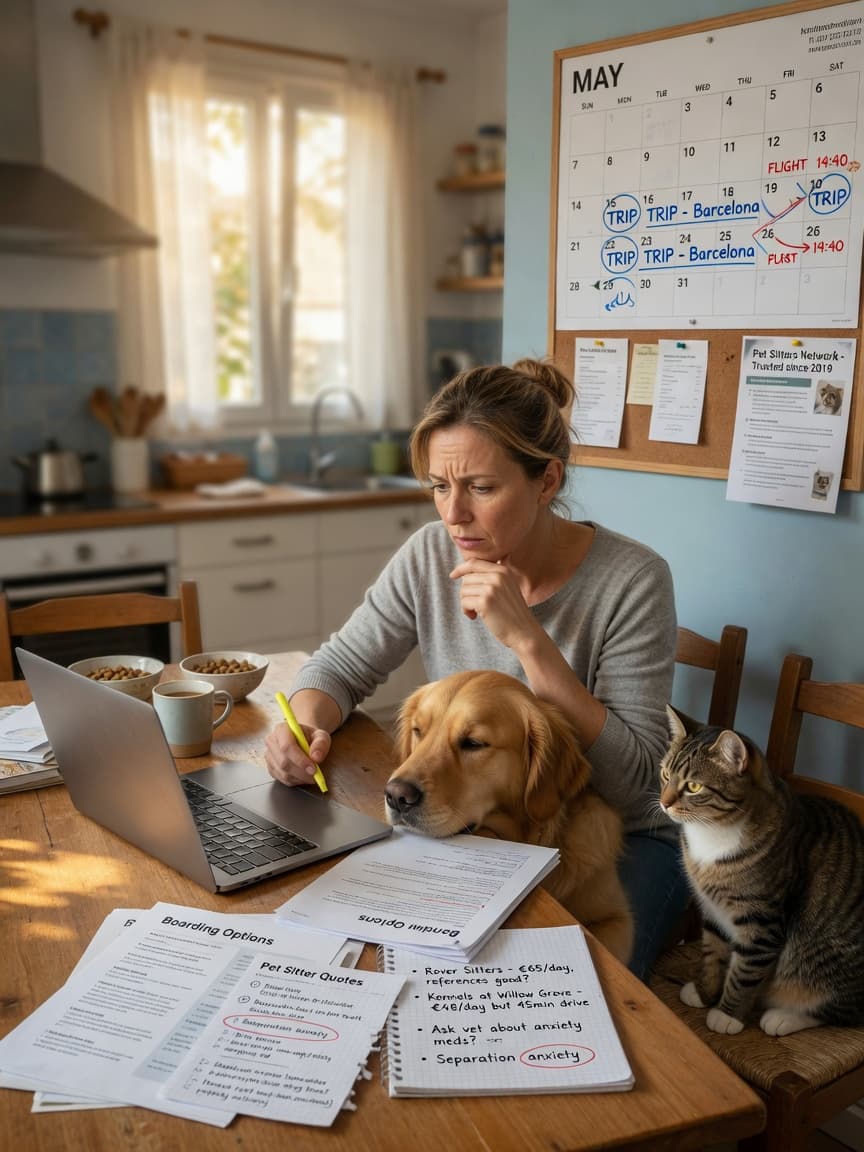 Pet owner at kitchen table surrounded by pet care notes, with golden retriever and tabby cat nearby, looking contemplative about pet boarding options