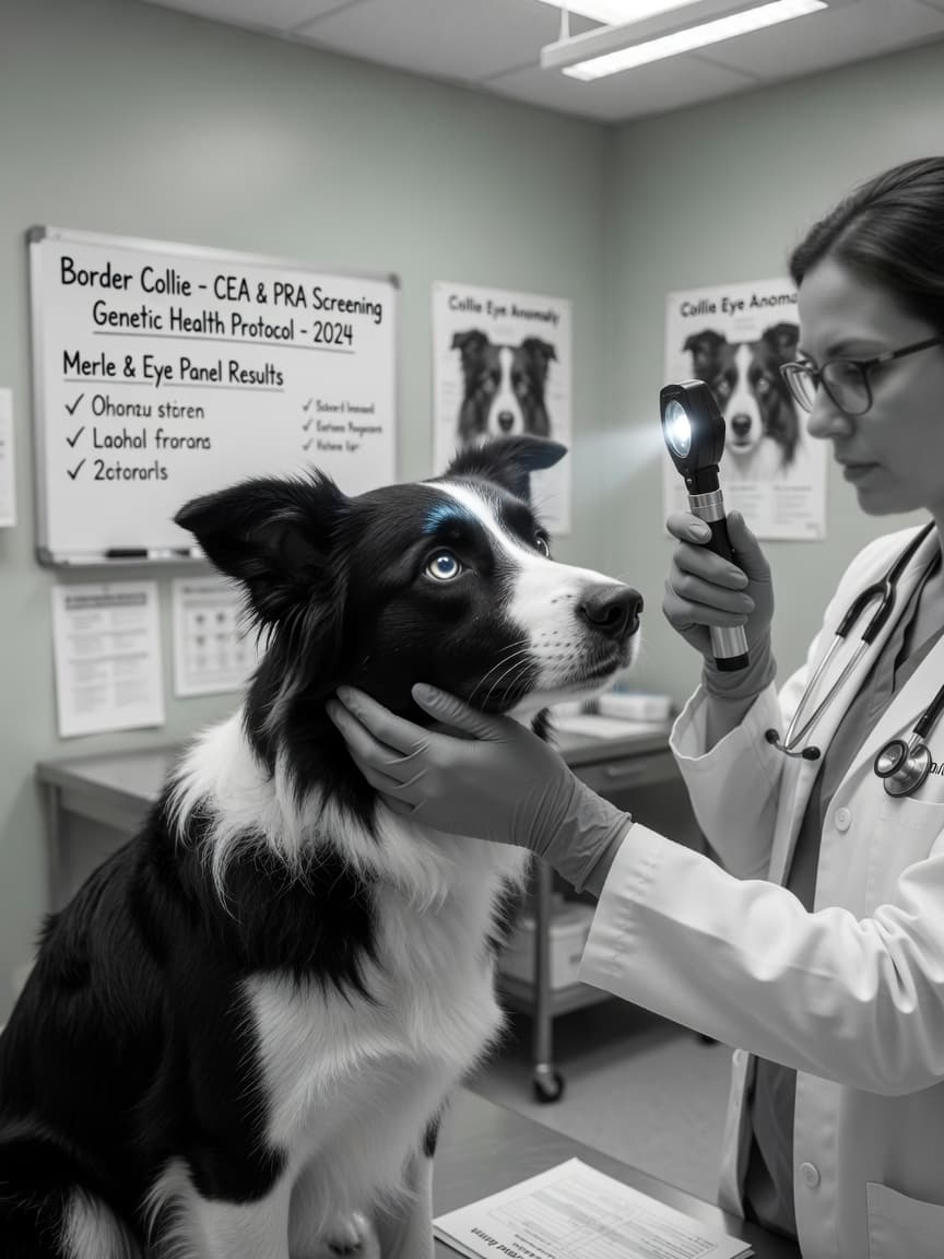 A veterinarian examining a black and white Border Collie's eyes with an ophthalmoscope during a genetic health screening