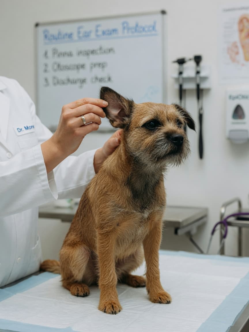 Veterinarian examining a Border Terrier's ear during a health check at a clinic