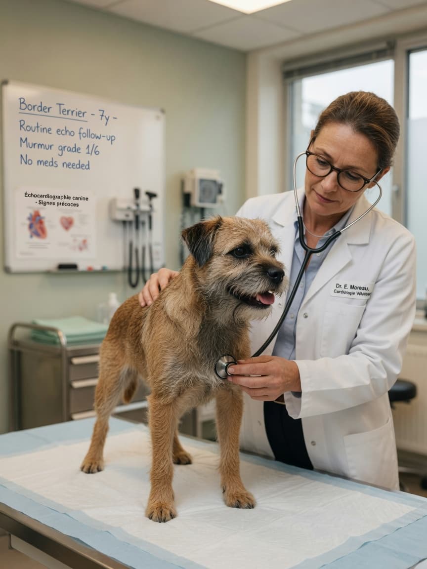 Border Terrier receiving cardiac examination from veterinary cardiologist during health screening