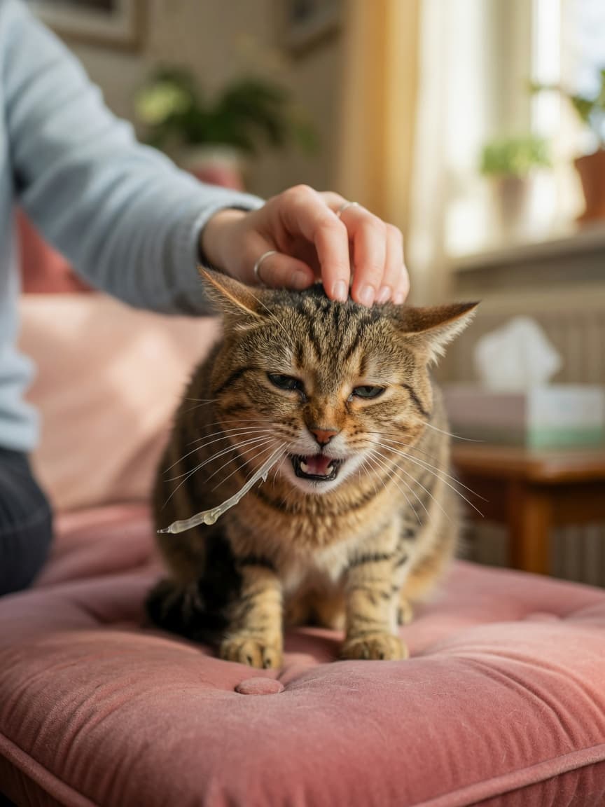 Sick tabby cat sneezing indoors with owner's hand gently comforting it
