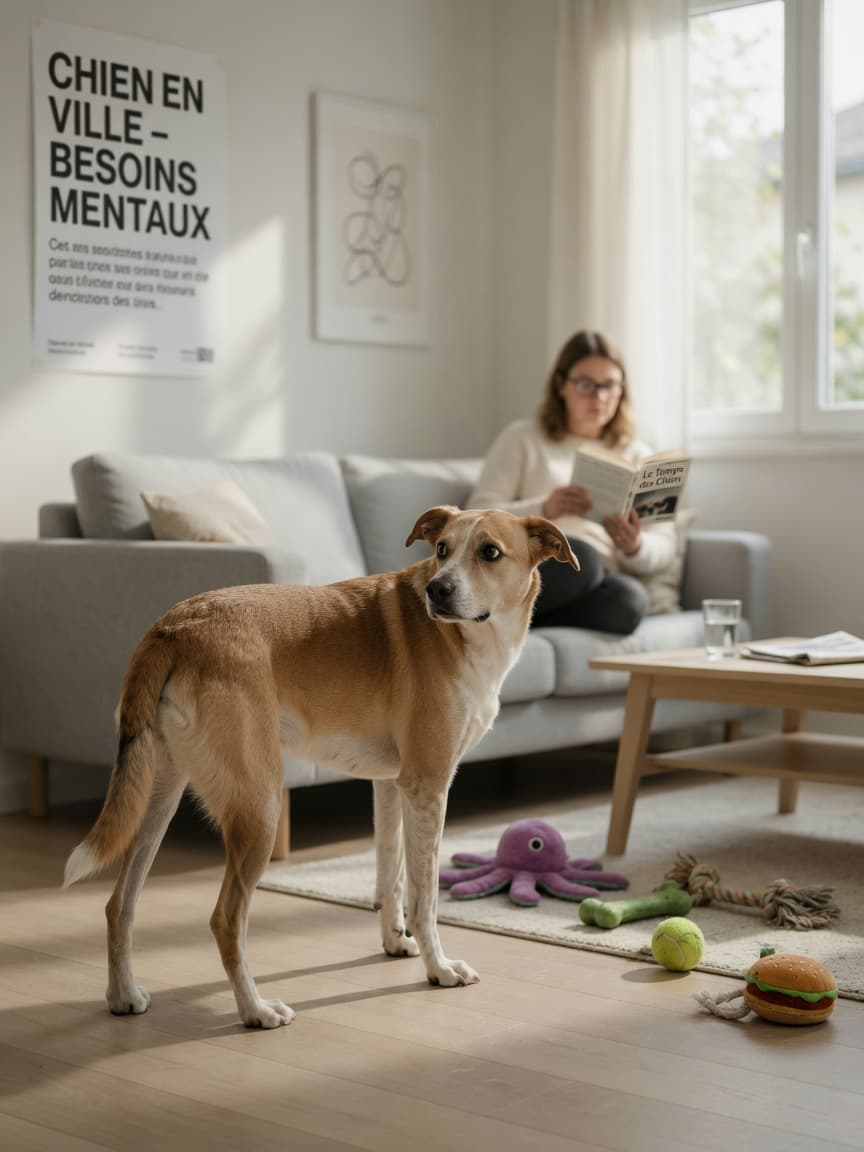 A restless tan and white dog in a living room shows signs of boredom and understimulation while owner sits reading in background