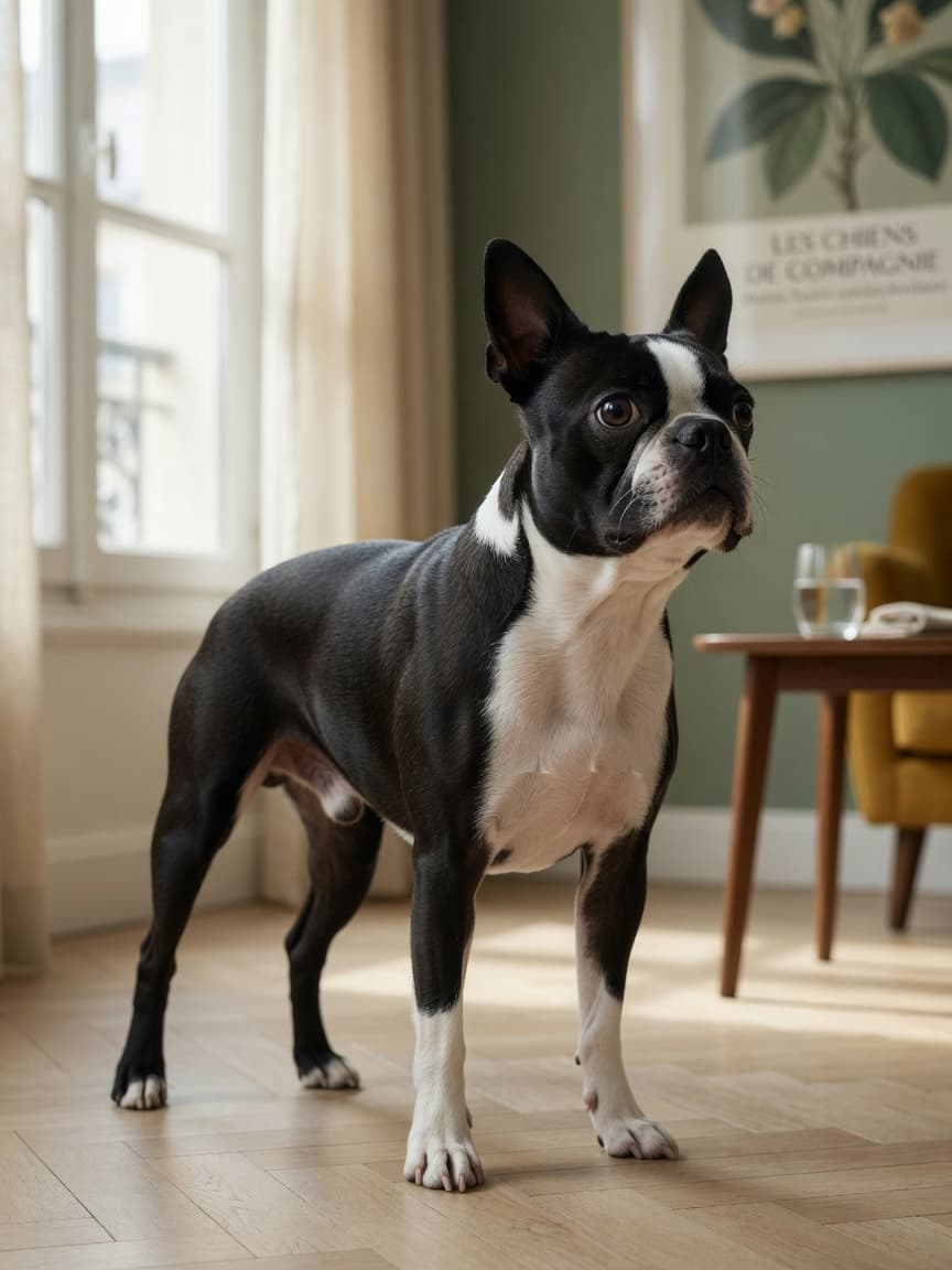 Boston Terrier standing indoors showing distinctive tuxedo coat and compact muscular build