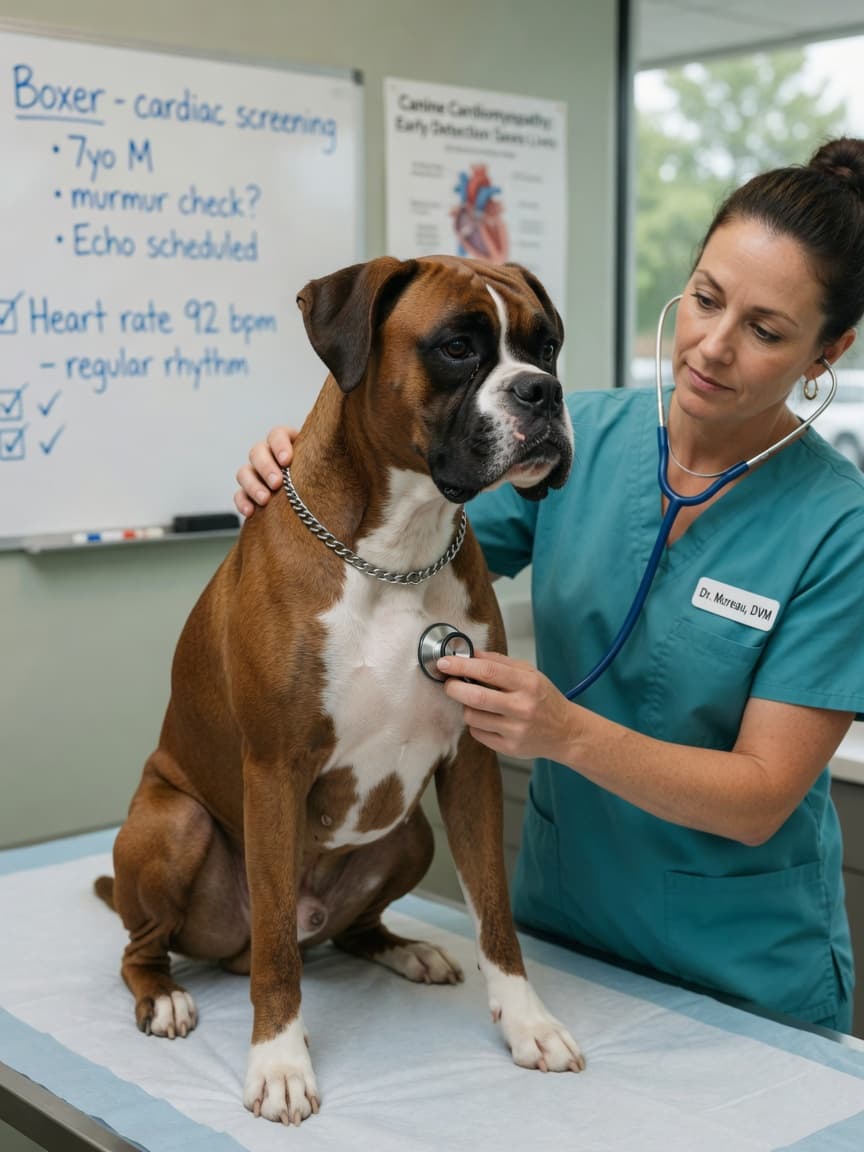 Veterinarian performing cardiac auscultation on a Boxer dog during heart disease screening