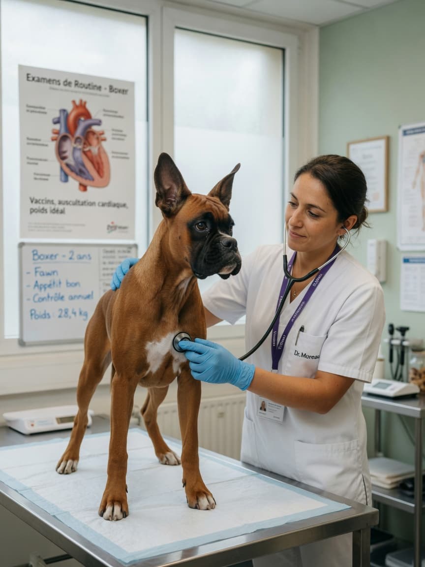 Veterinarian performing cardiac examination on a healthy fawn Boxer dog during routine heart screening