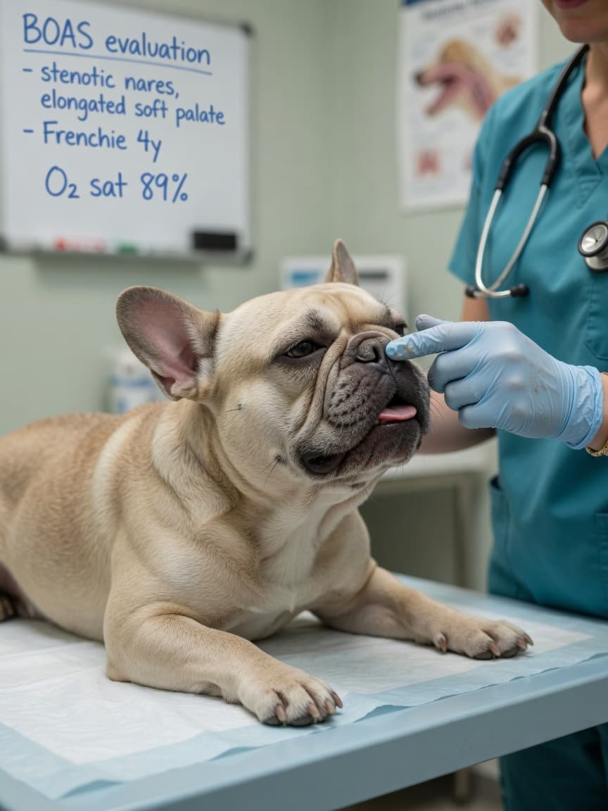 French Bulldog with narrow nostrils being examined by a veterinarian for brachycephalic syndrome