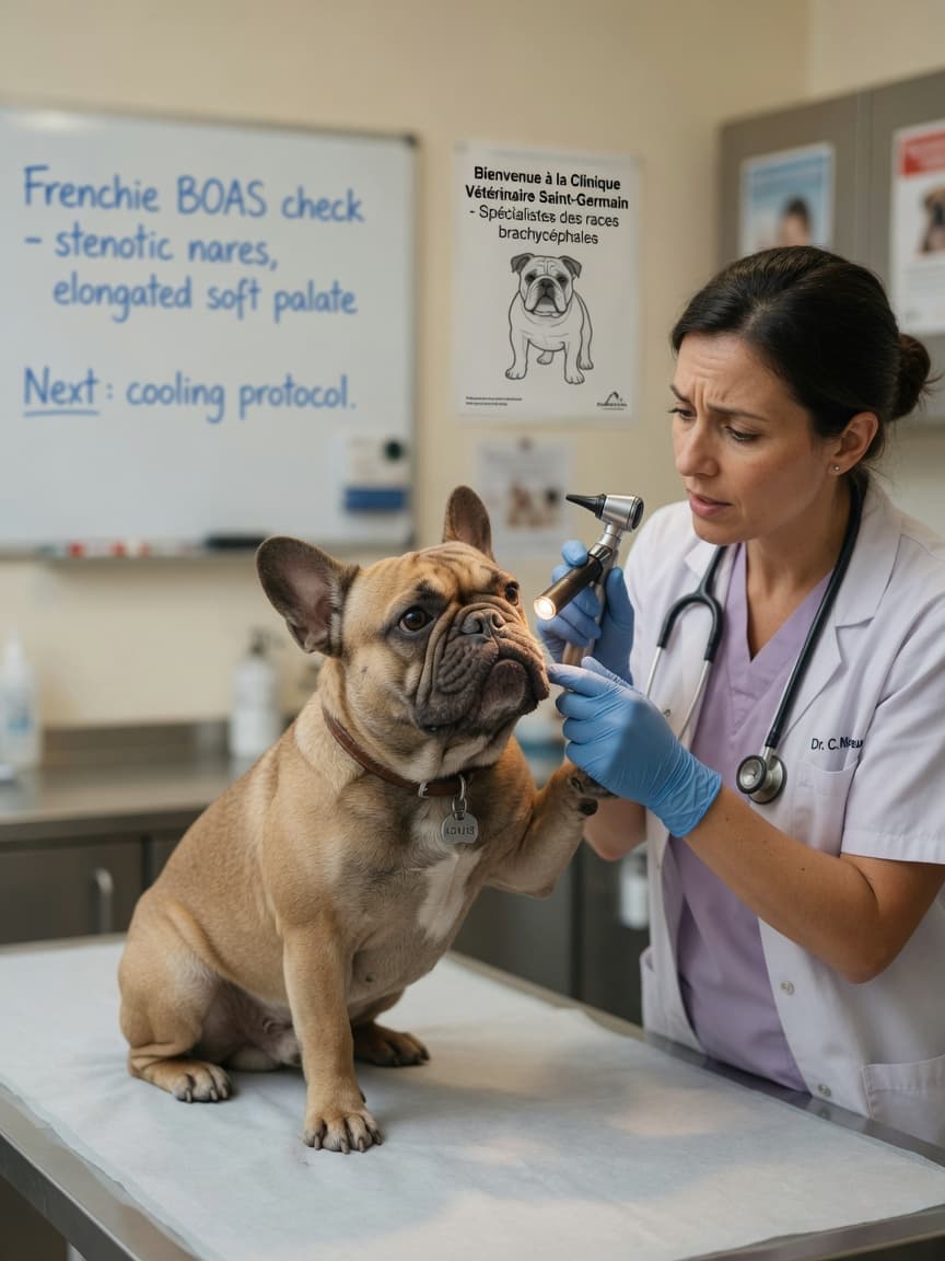 A French Bulldog being examined by a veterinarian for airway assessment during a BOAS evaluation