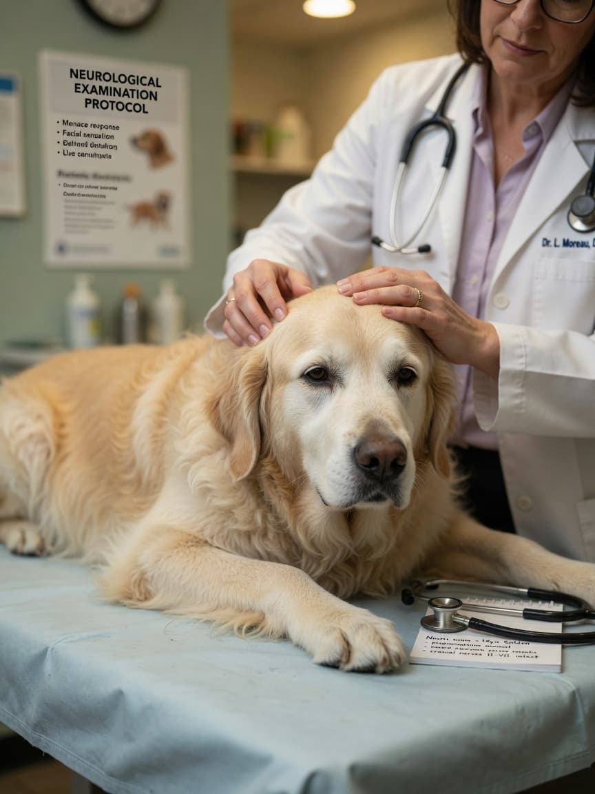 Veterinarian performing neurological examination on a senior Golden Retriever during brain tumour diagnostic assessment