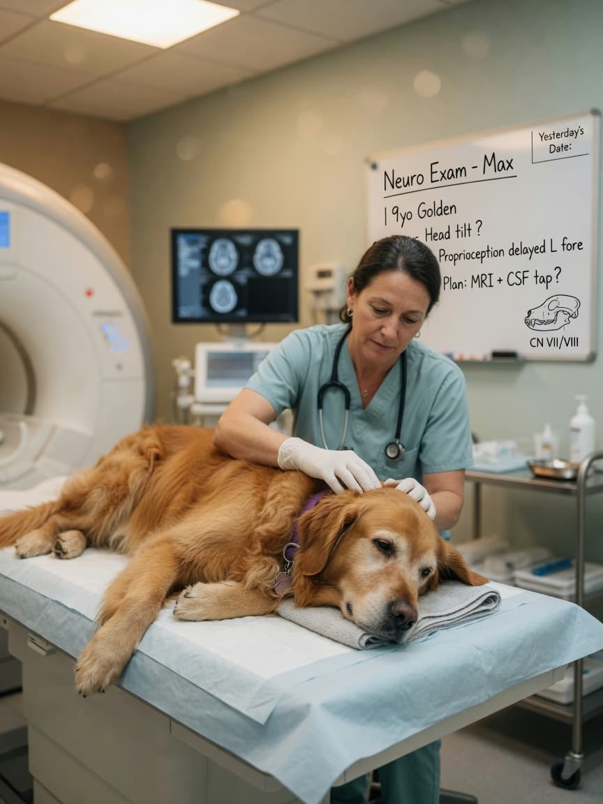 Veterinary neurologist examining a Golden Retriever's head during neurological assessment on examination table