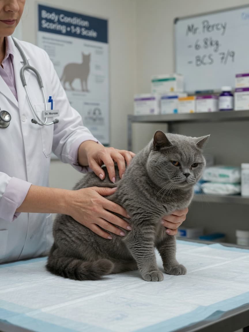 Veterinarian assessing body condition of an overweight British Shorthair cat during a weight management consultation