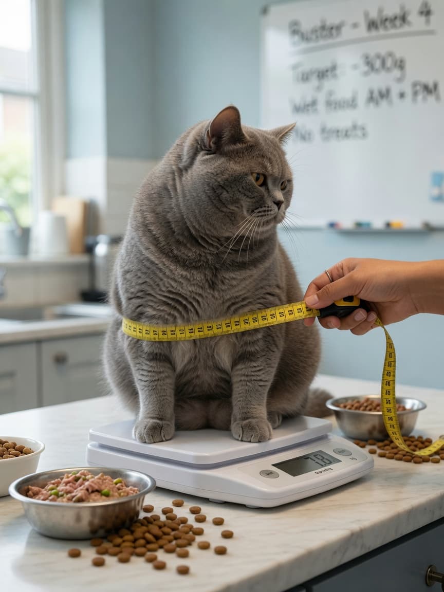 British Shorthair cat on a scale being measured by a veterinarian's hand with a tape measure, with food bowls visible on the kitchen counter
