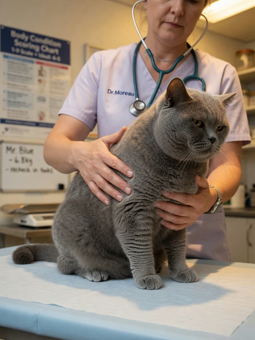 Veterinarian performing a weight and body condition assessment on a grey British Shorthair cat during a health check