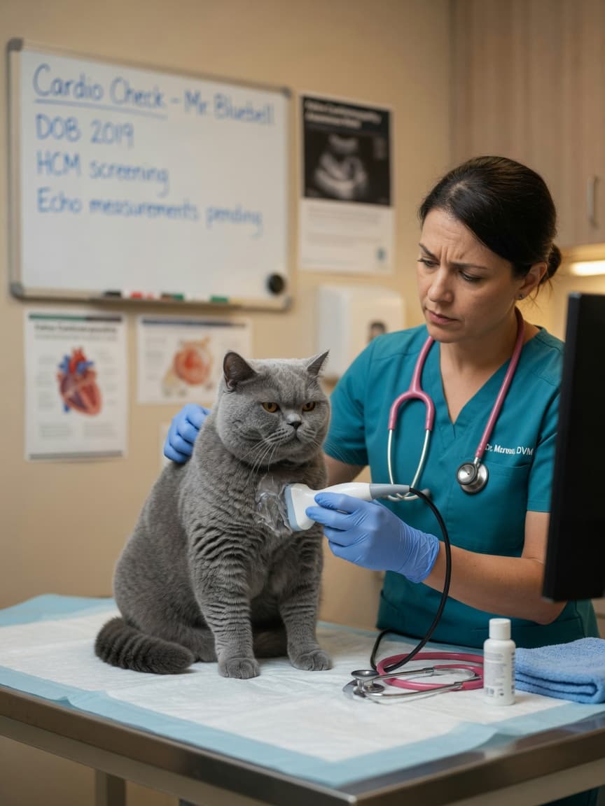 British Shorthair cat receiving an echocardiogram ultrasound from a veterinary cardiologist to screen for heart disease