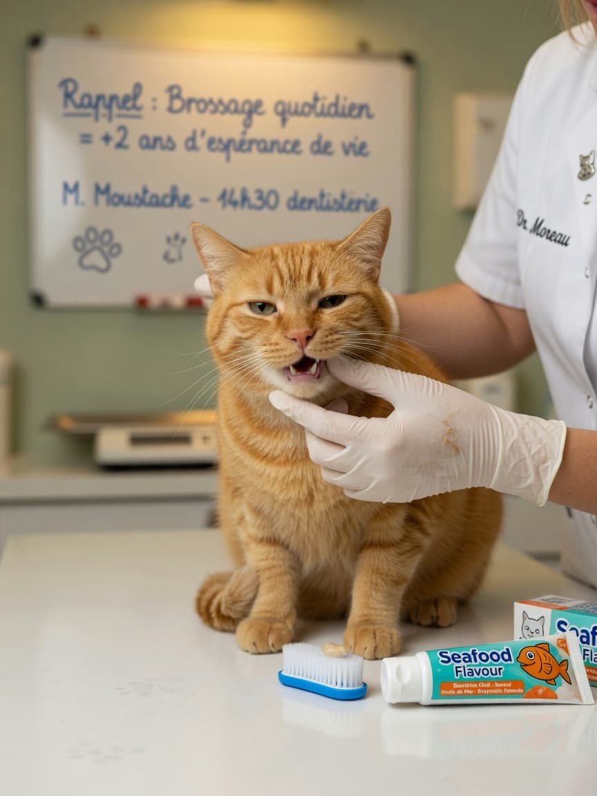 Veterinarian gently brushing an orange tabby cat's teeth during a dental care session