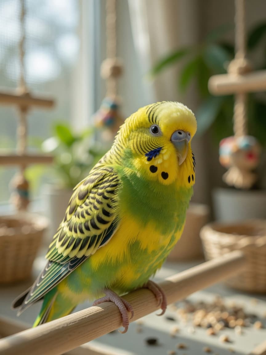 A healthy yellow and green budgerigar with alert expression perched on a wooden dowel in natural light
