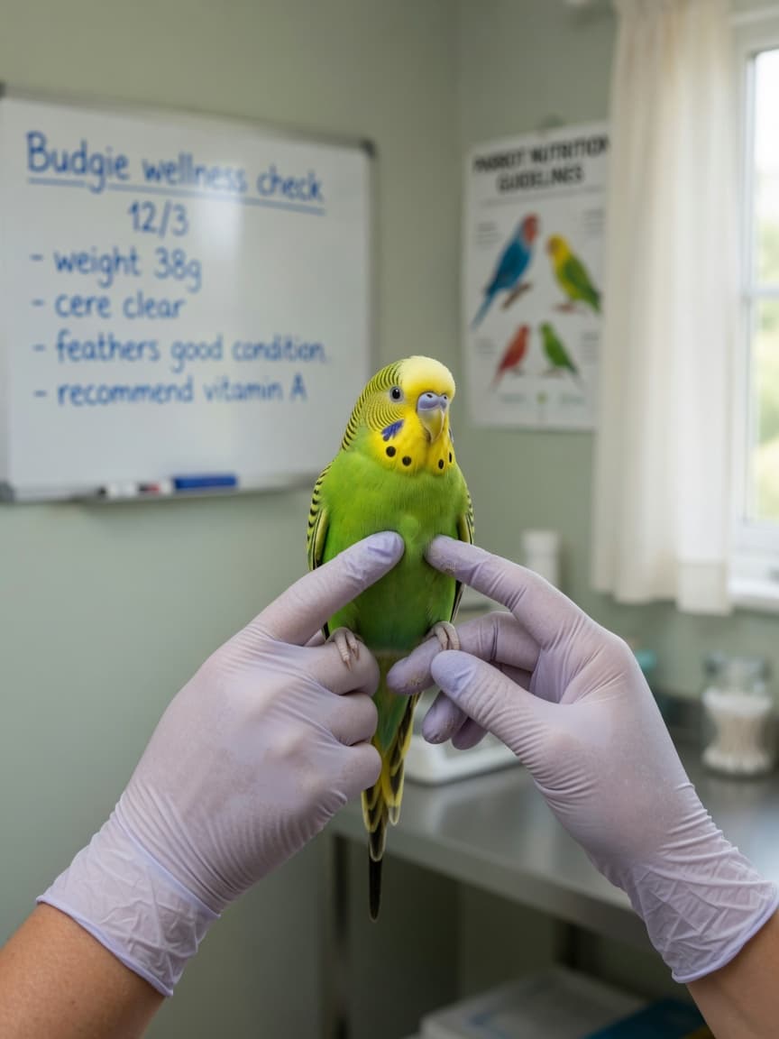 Veterinarian examining a healthy budgerigar on a gloved hand during a professional health check