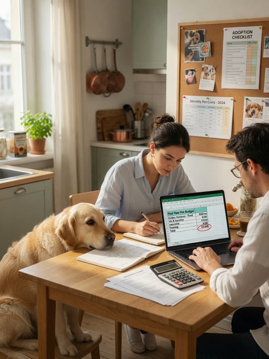 Couple reviewing pet budget with golden retriever at kitchen table