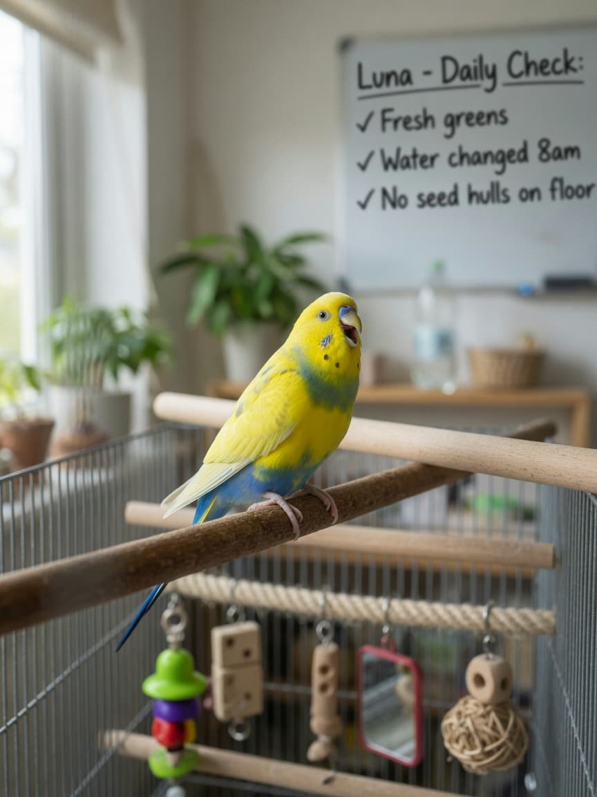 Healthy yellow and blue budgerigar singing on wooden perch in spacious cage with toys and natural lighting