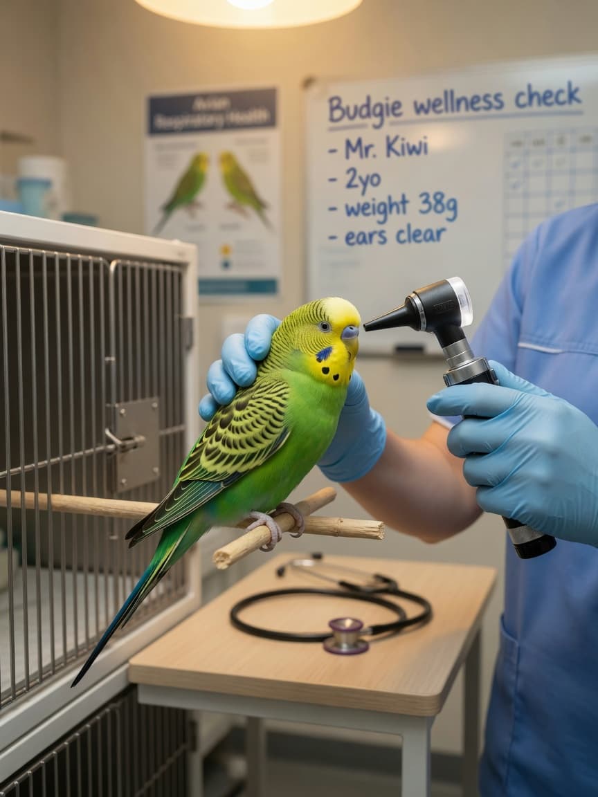 Avian veterinarian examining a green and yellow budgerigar with an otoscope in a modern vet clinic