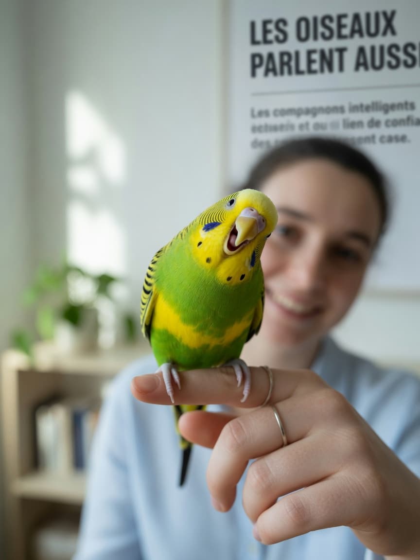 A young budgerigar with yellow and green plumage perched on a person's finger, mouth open as if speaking, with attentive eye contact during a training session.