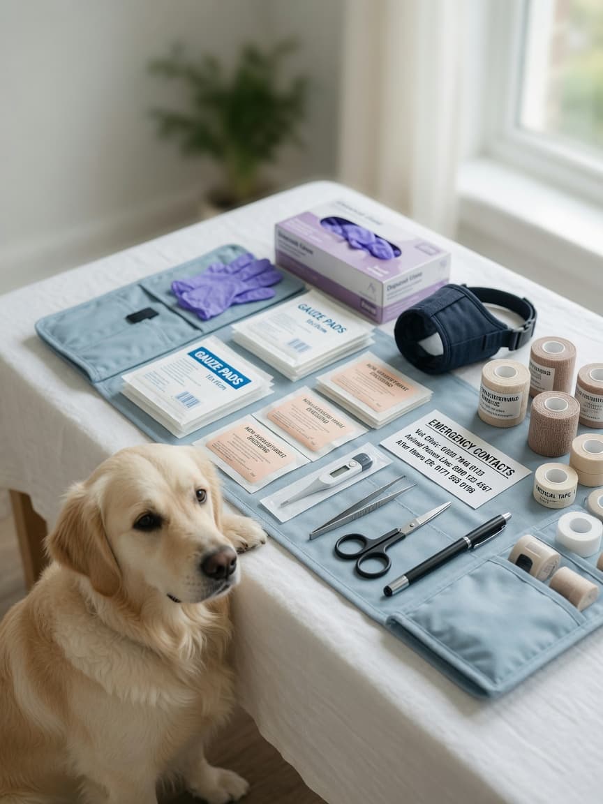 Pet first aid kit supplies neatly arranged on white surface with golden retriever sitting beside, showing various bandages, dressings, thermometer, tools and emergency contact card