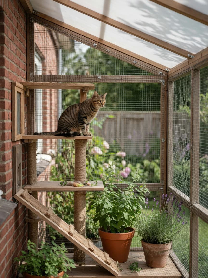 Tabby cat inside a wooden-framed outdoor catio enclosure with welded mesh and polycarbonate roof, sitting on a multi-level cat tree with plants visible inside