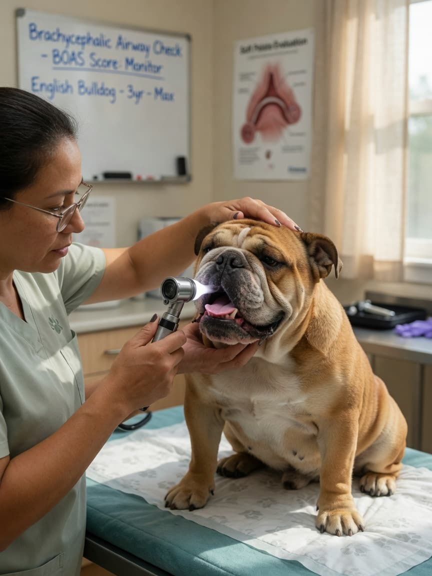 Veterinarian gently examining the throat of a calm, healthy Bulldog during airway assessment