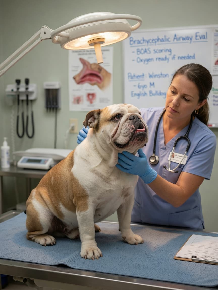 Veterinarian examining a Bulldog's airway during respiratory assessment