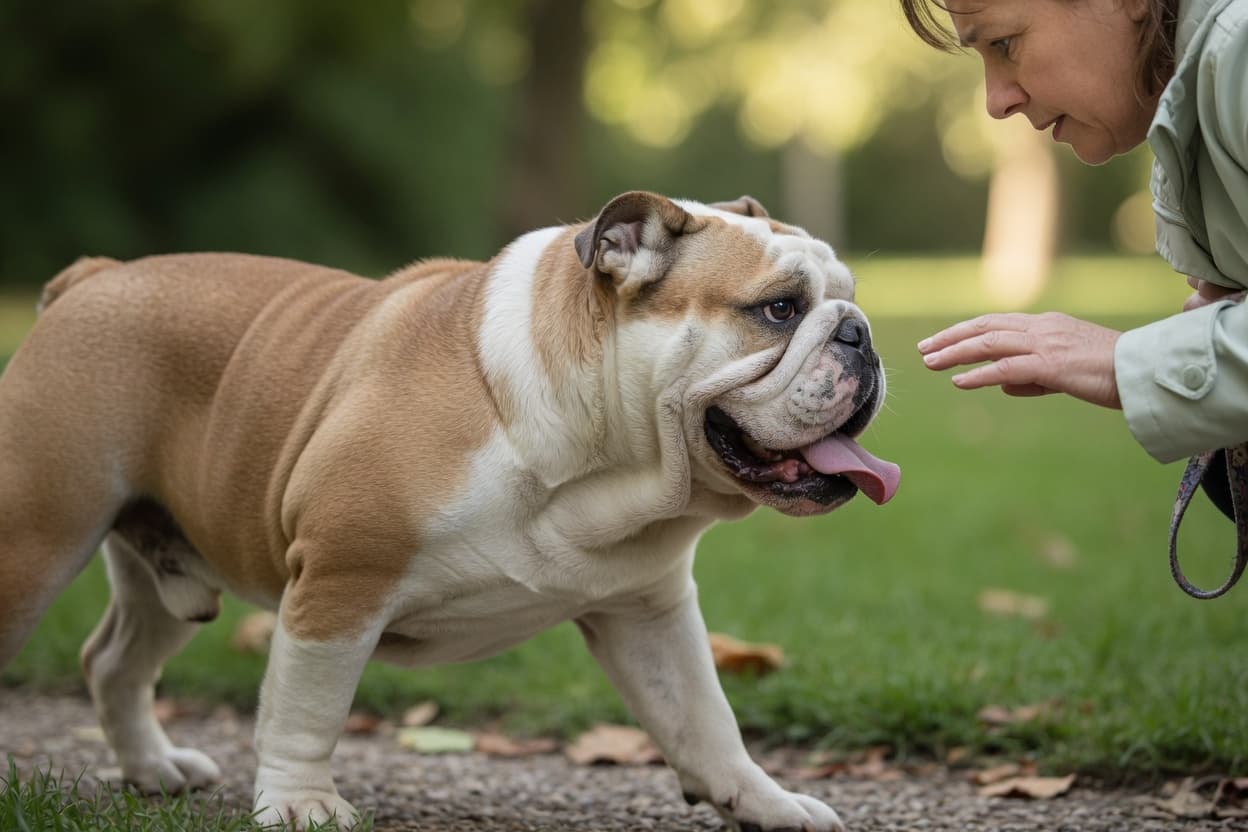 English Bulldog with wrinkled face breathing heavily during a walk, owner's protective hand nearby