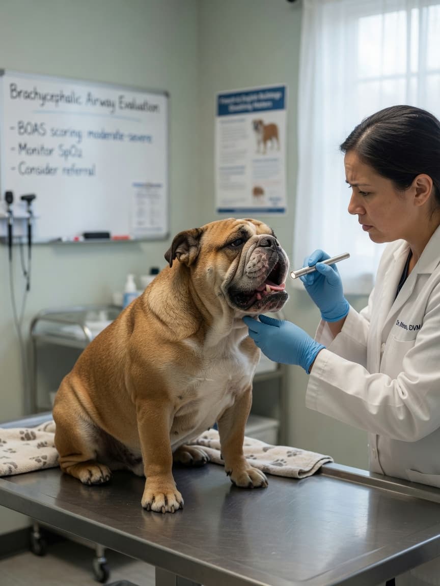 English Bulldog with breathing difficulties being examined by a veterinarian in a clinic