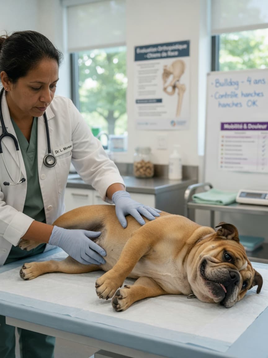 Veterinarian performing a gentle hip examination on a healthy Bulldog during a veterinary consultation