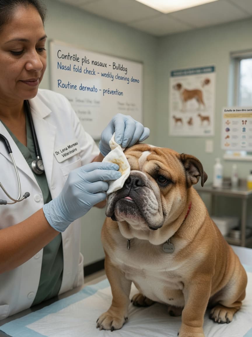 Veterinarian gently examining a healthy Bulldog's skin folds during a preventive care check-up