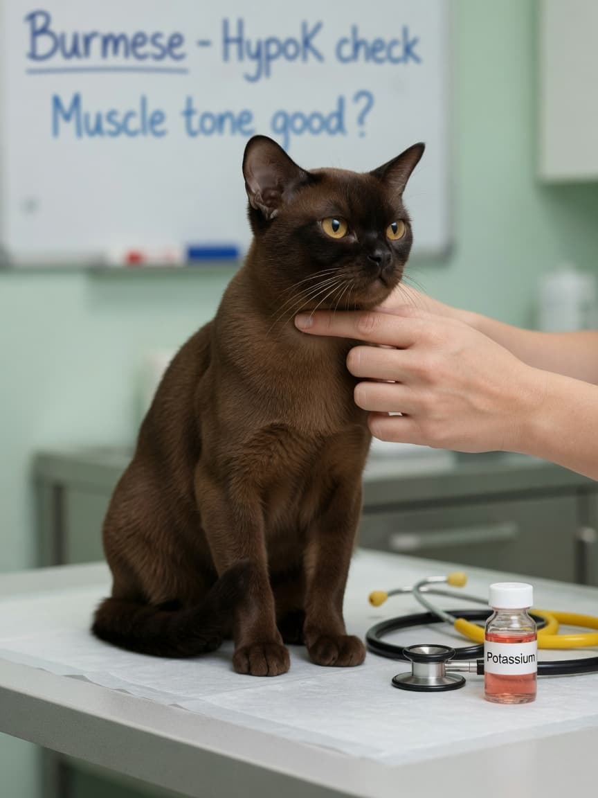 Sable Burmese cat at veterinary examination with vet checking muscle tone and potassium supplement vial visible on table