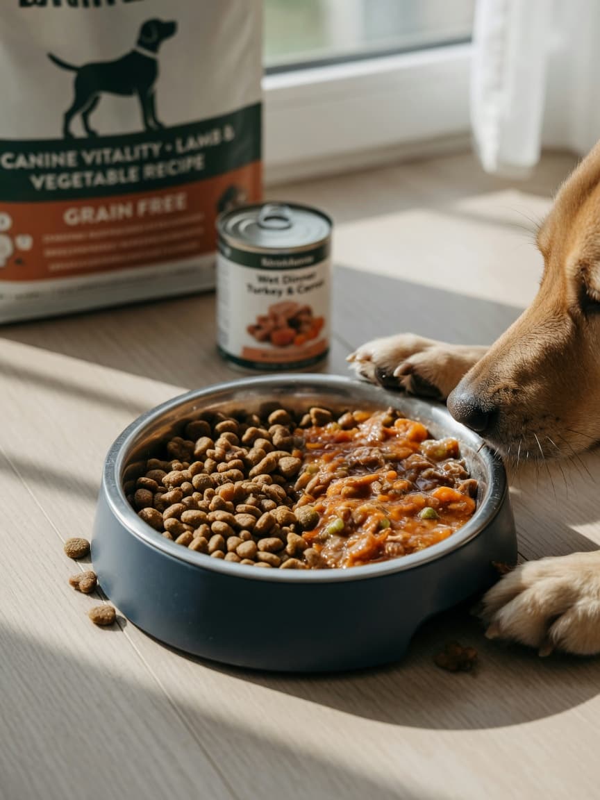 Dog's nose and front paws at edge of food bowl with kibble and wet food, natural kitchen lighting