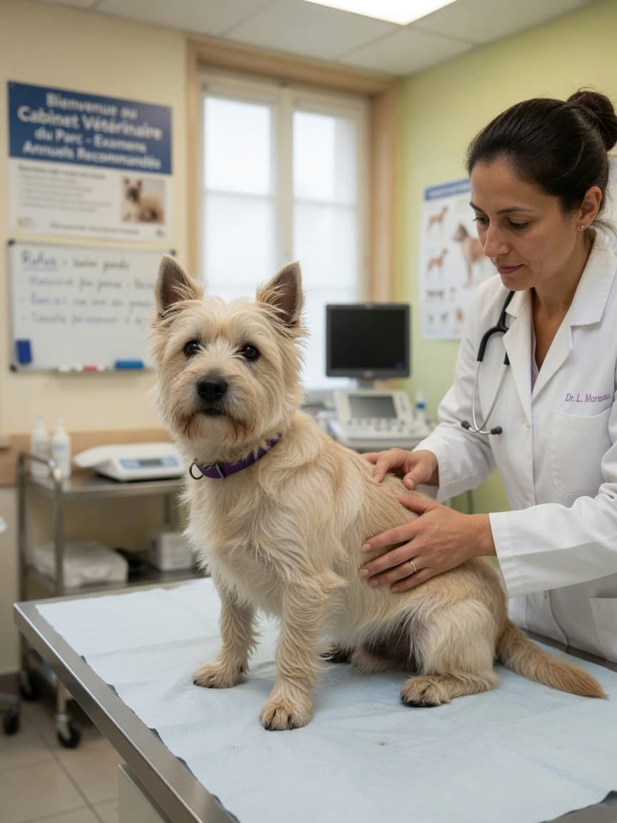 Cream Cairn Terrier being examined by a veterinarian in a clinical setting