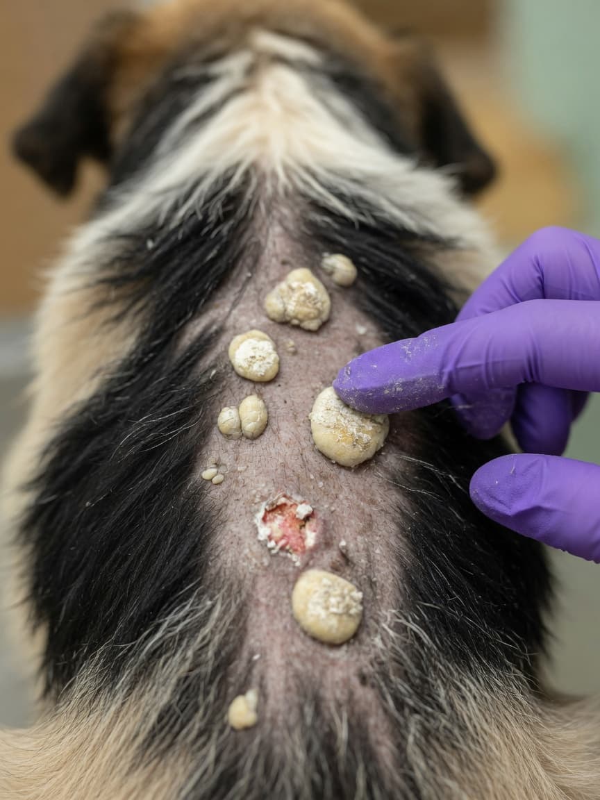 Close-up of calcinosis cutis lesions on a dog's back showing white chalky deposits and inflammation with veterinarian's hand for examination