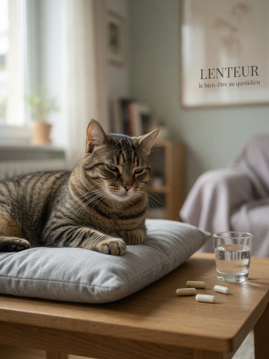 Peaceful tabby cat sitting on soft cushion in calm home environment with natural light