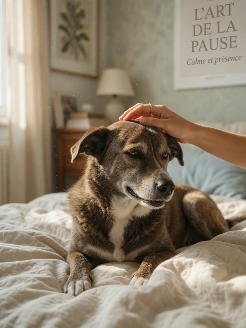 Calm dog resting peacefully with owner's hand gently petting it in soft natural light