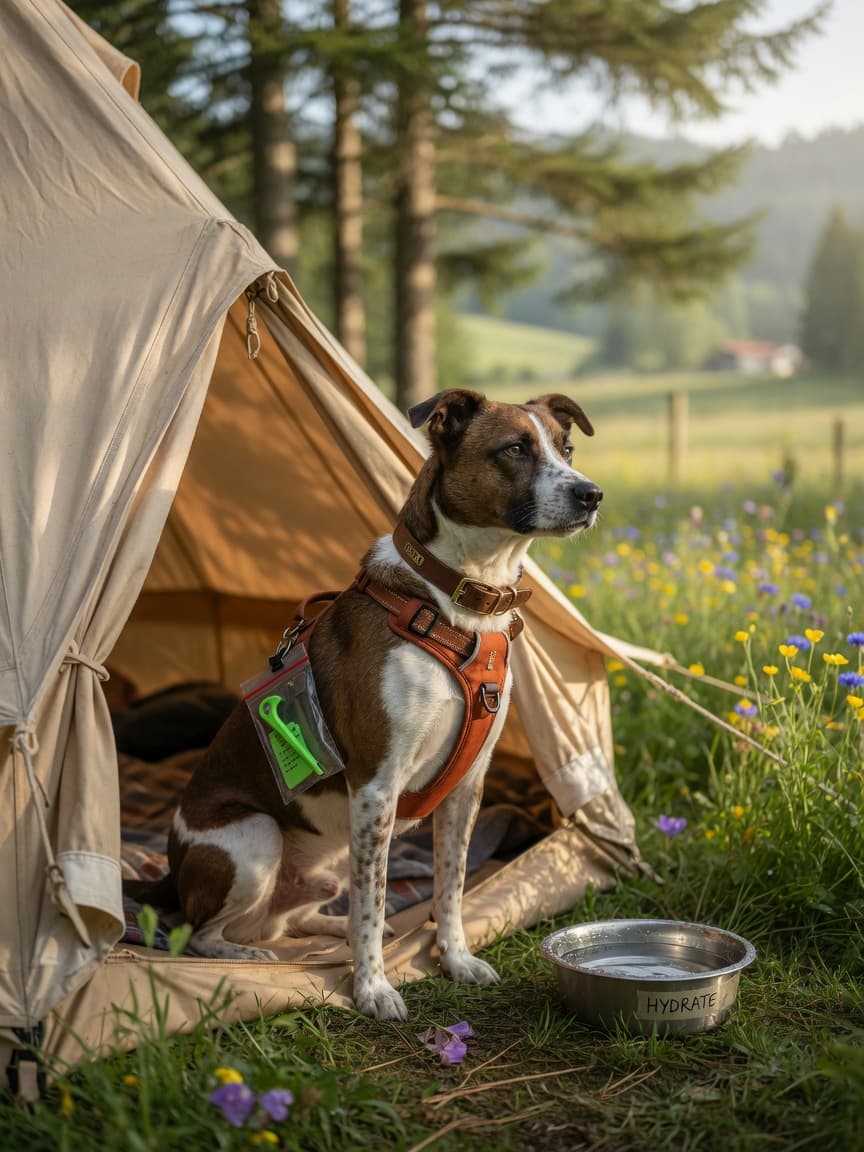 A prepared camping dog sits outside a tent with tick prevention tools and water nearby