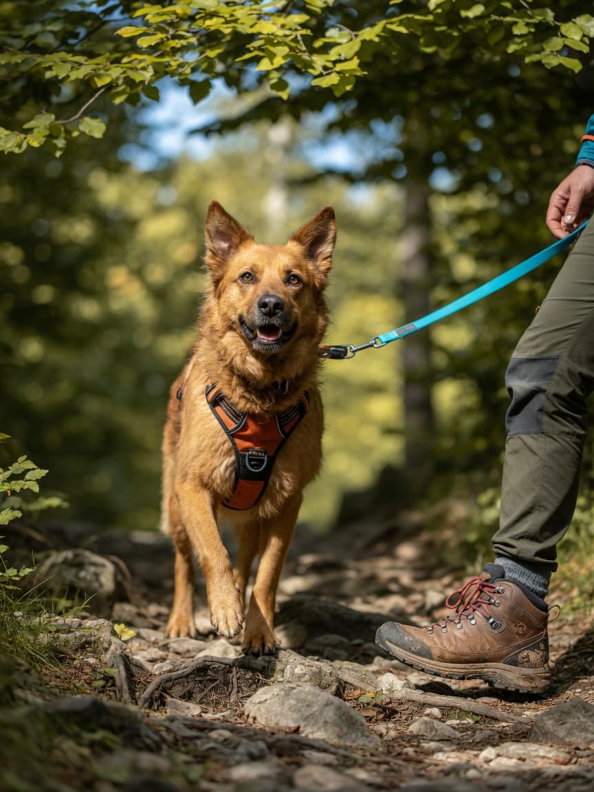 Golden-brown dog on a hiking harness walking alongside its owner on a rocky woodland trail with dappled sunlight filtering through the trees