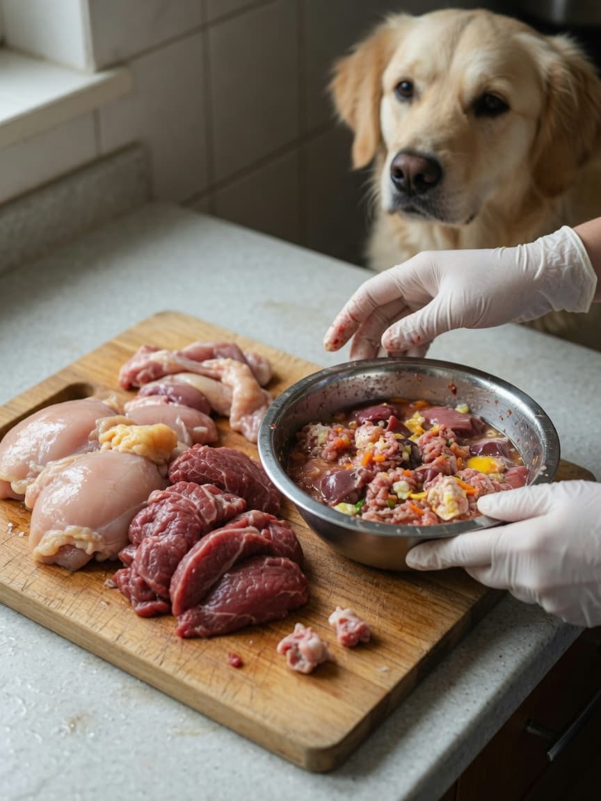 Raw meat and pet food in preparation on a kitchen counter with a person in latex gloves and a dog watching in the background