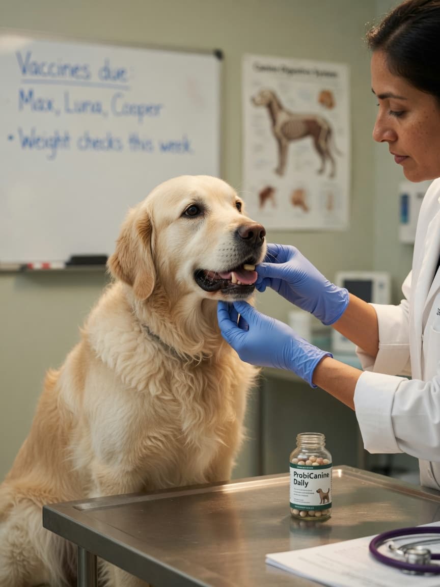 A golden retriever receives a probiotic supplement from a veterinarian during a consultation at a vet clinic