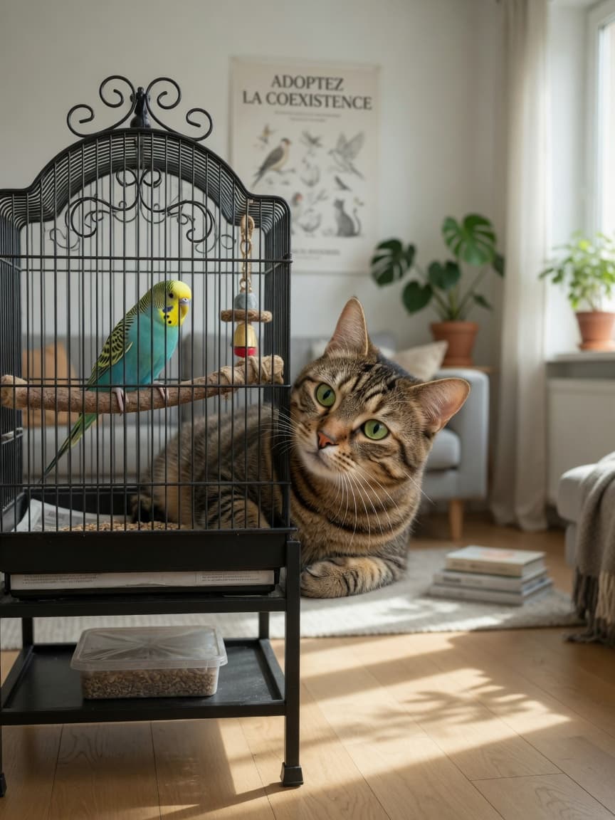A tabby cat with green eyes observing a colourful parakeet inside a secure elevated cage in a bright living room, demonstrating calm coexistence.