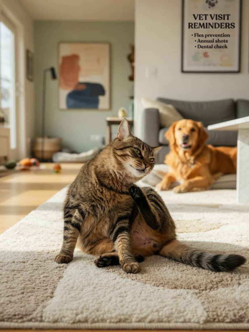 Tabby cat scratching at its neck with golden retriever blurred in the background of a shared living room