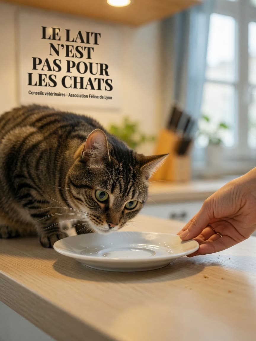 Tabby cat with green eyes investigating a saucer of milk on a kitchen table while a hand gently removes it