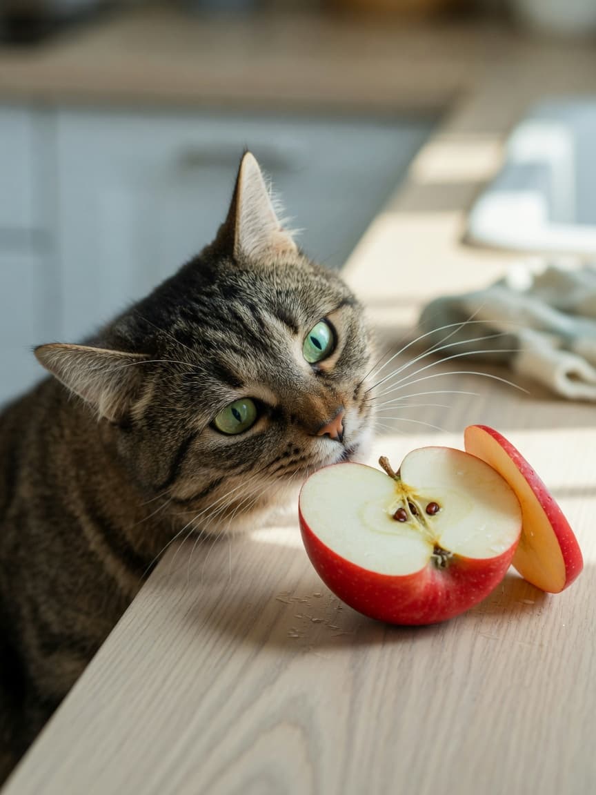Tabby cat sniffing at sliced red apple showing seeds on wooden kitchen counter