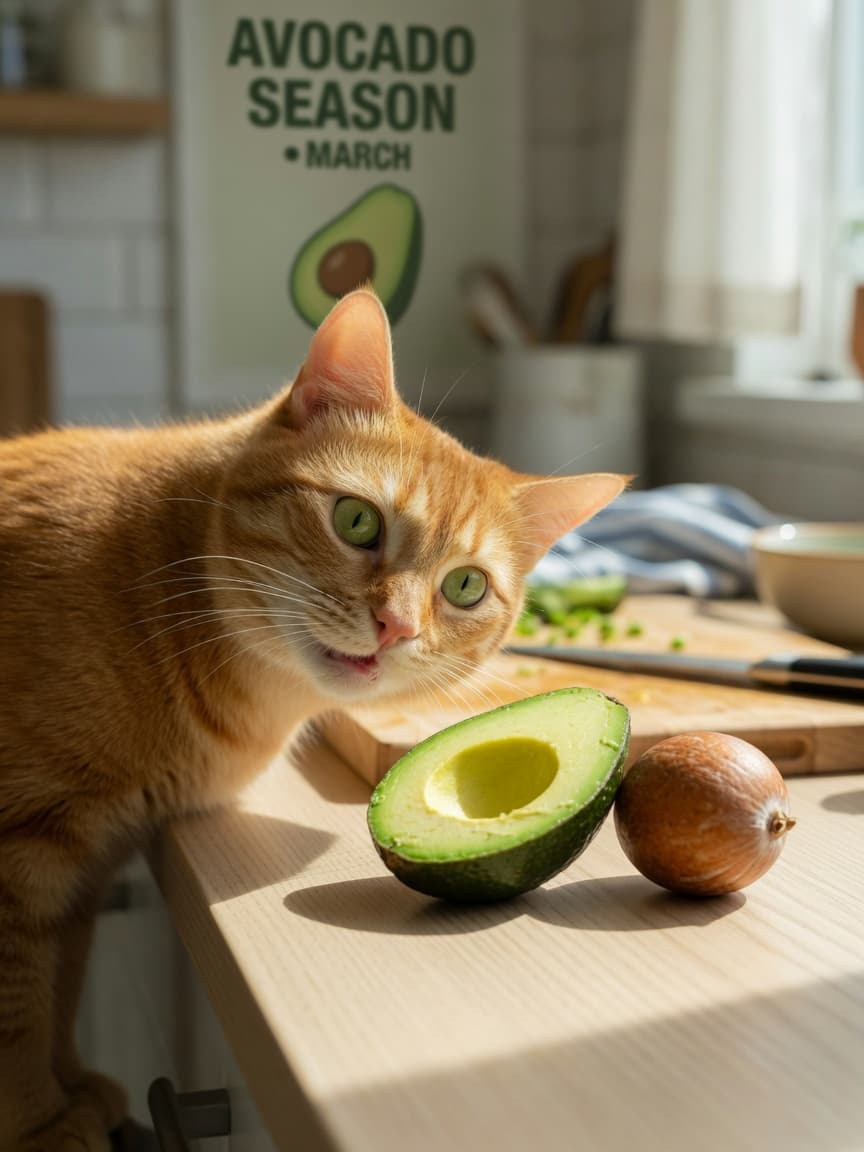 Curious ginger cat sniffing at halved avocado on kitchen counter with bright natural light