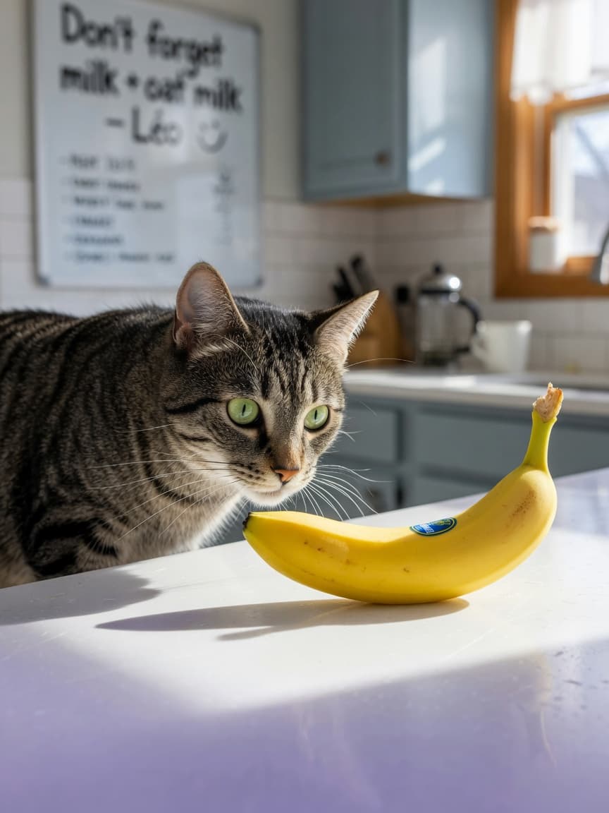 Tabby cat sniffing a banana on a kitchen counter